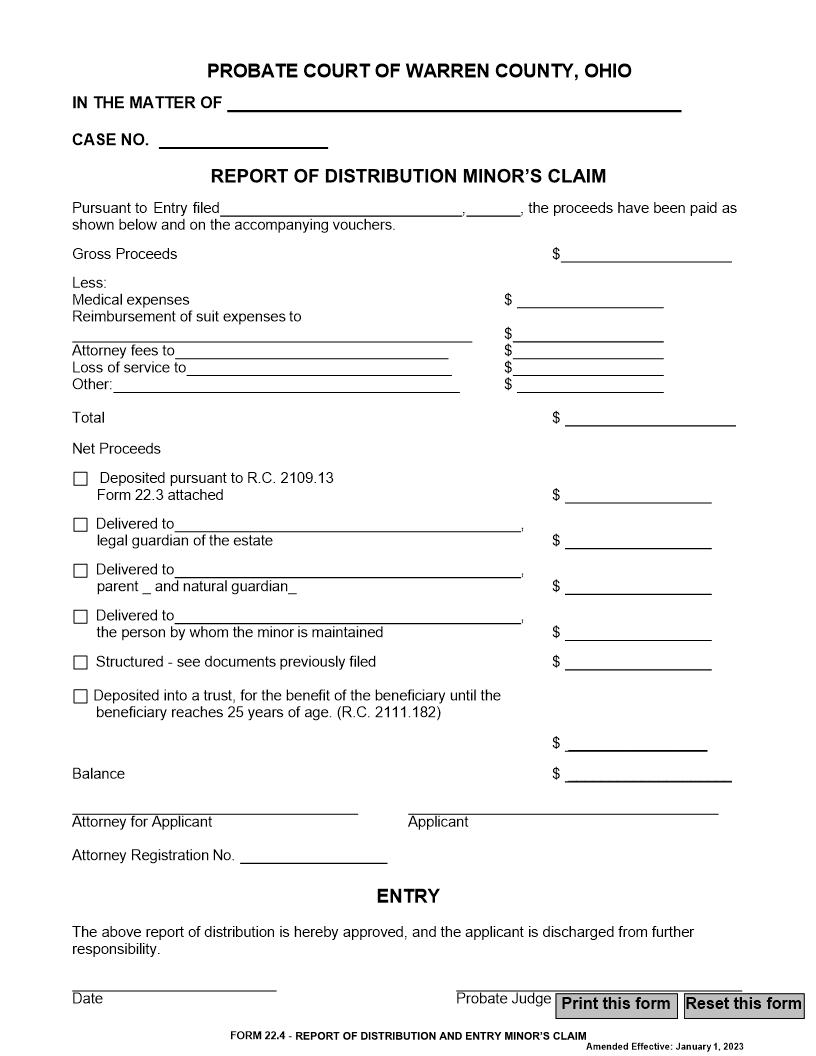 Report Of Distribution And Entry Minors Claim {22.4} | Pdf Fpdf Doc Docx | Ohio
