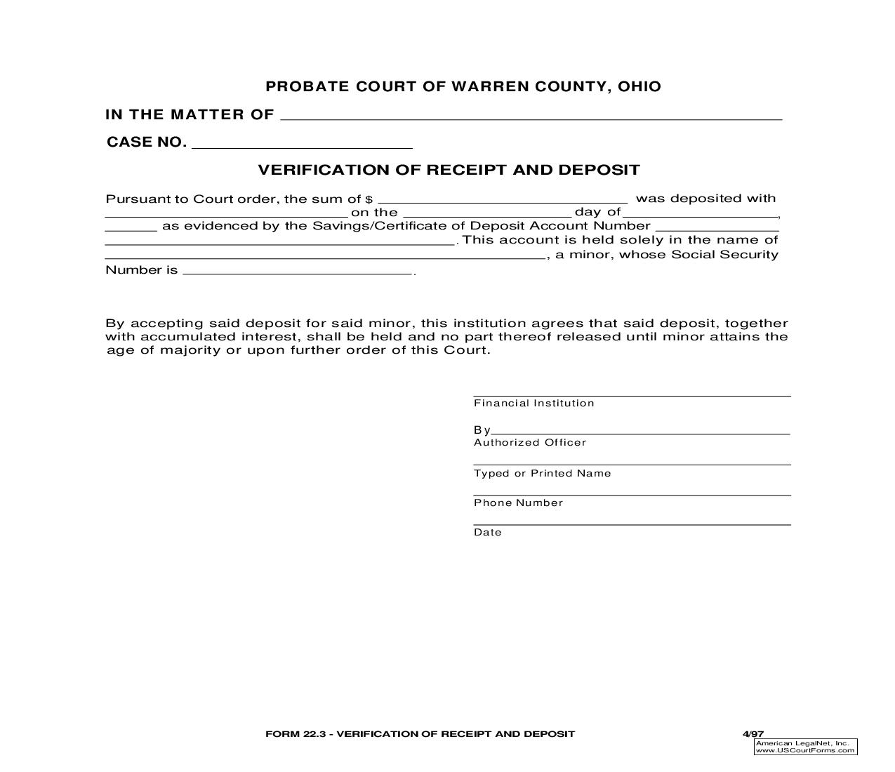 Verification Of Receipt And Deposit {22.3} | Pdf Fpdf Doc Docx | Ohio