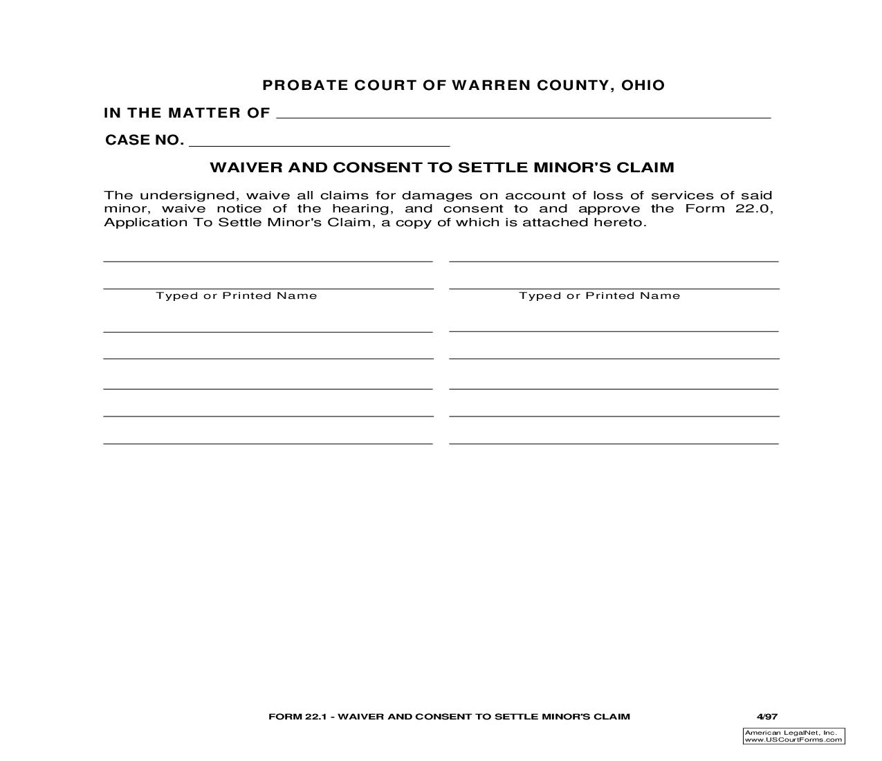 Waiver And Consent To Settle Minors Claim {22.1} | Pdf Fpdf Doc Docx | Ohio