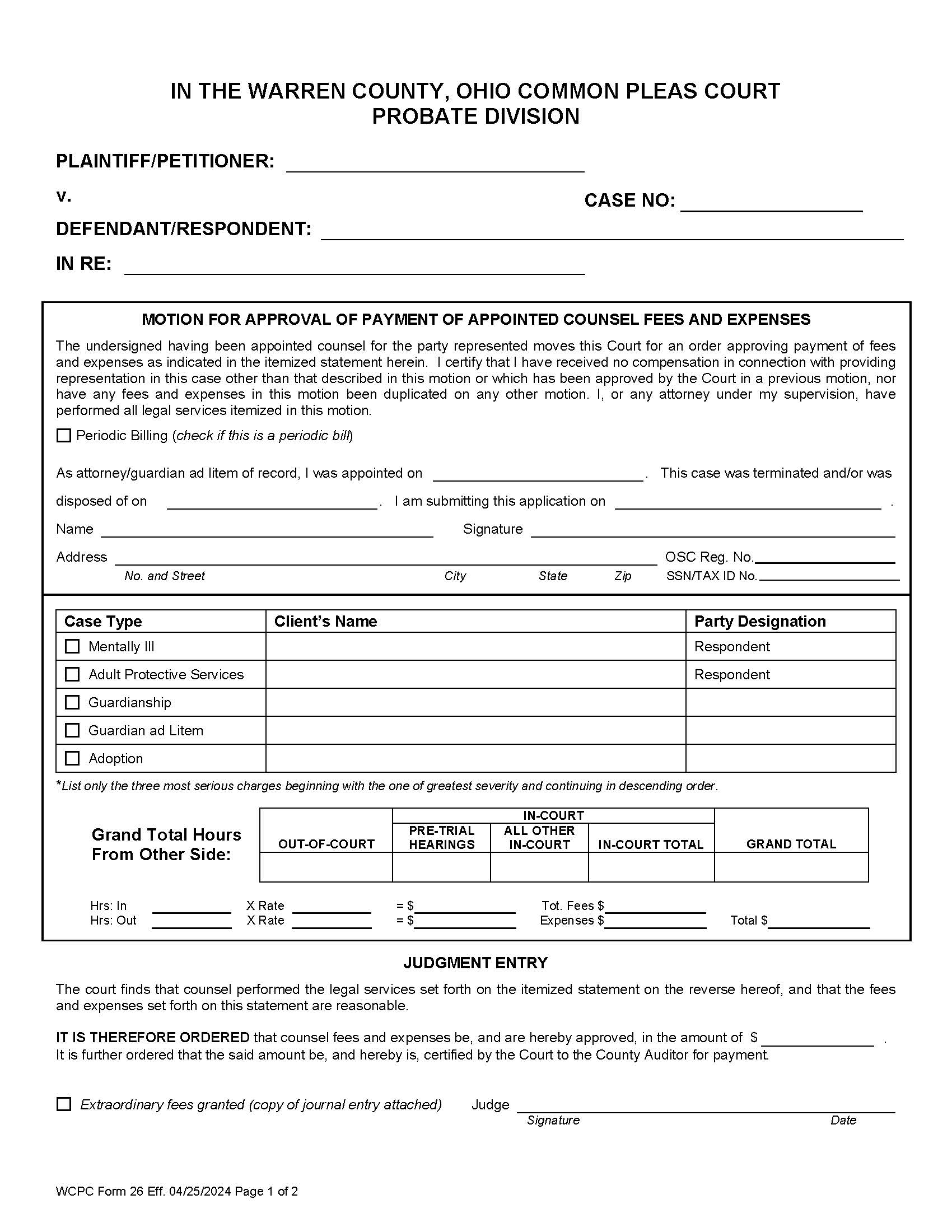 Motion For Approval Of Payment Of Appointed Counsel Fees And Expenses {26.0} | Pdf Fpdf Doc Docx | Ohio