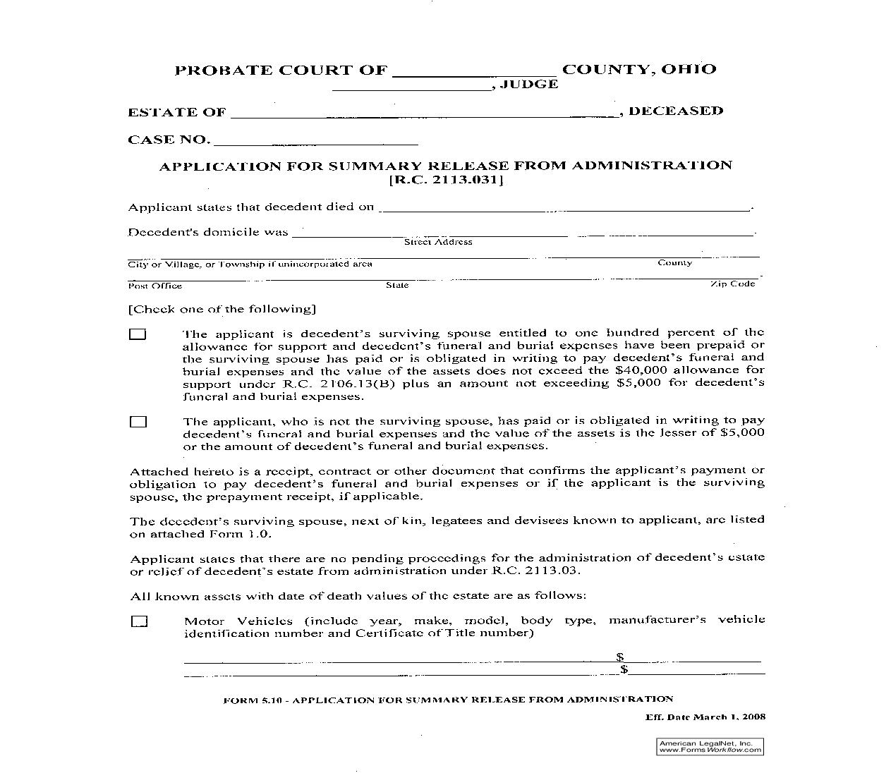 Application For Summary Release From Administration {5.10} | Pdf Fpdf Doc Docx | Ohio