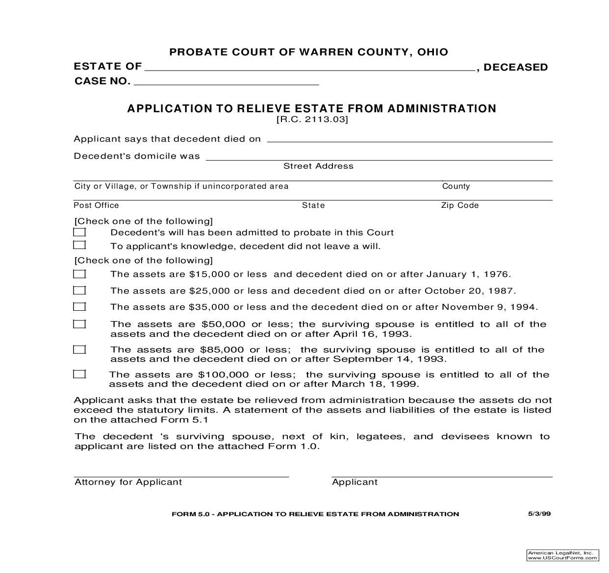 Application To Relieve Estate From Administration {5.0} | Pdf Fpdf Doc Docx | Ohio
