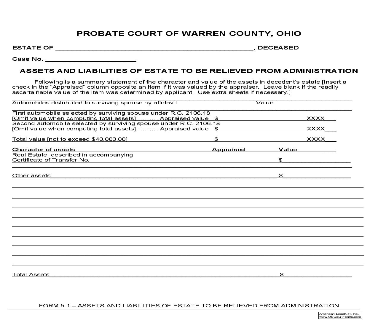Assets And Liabilities Of Estate To Be Relieved From Administration {5.1} | Pdf Fpdf Doc Docx | Ohio