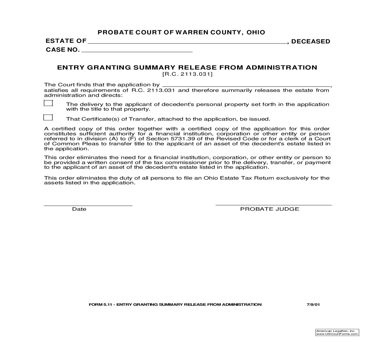 Entry Granting Summary Release From Administration {5.11} | Pdf Fpdf Doc Docx | Ohio