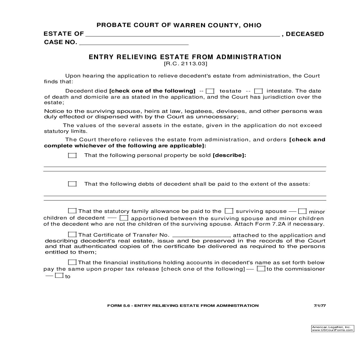 Entry Relieving Estate From Administration {5.6} | Pdf Fpdf Doc Docx | Ohio