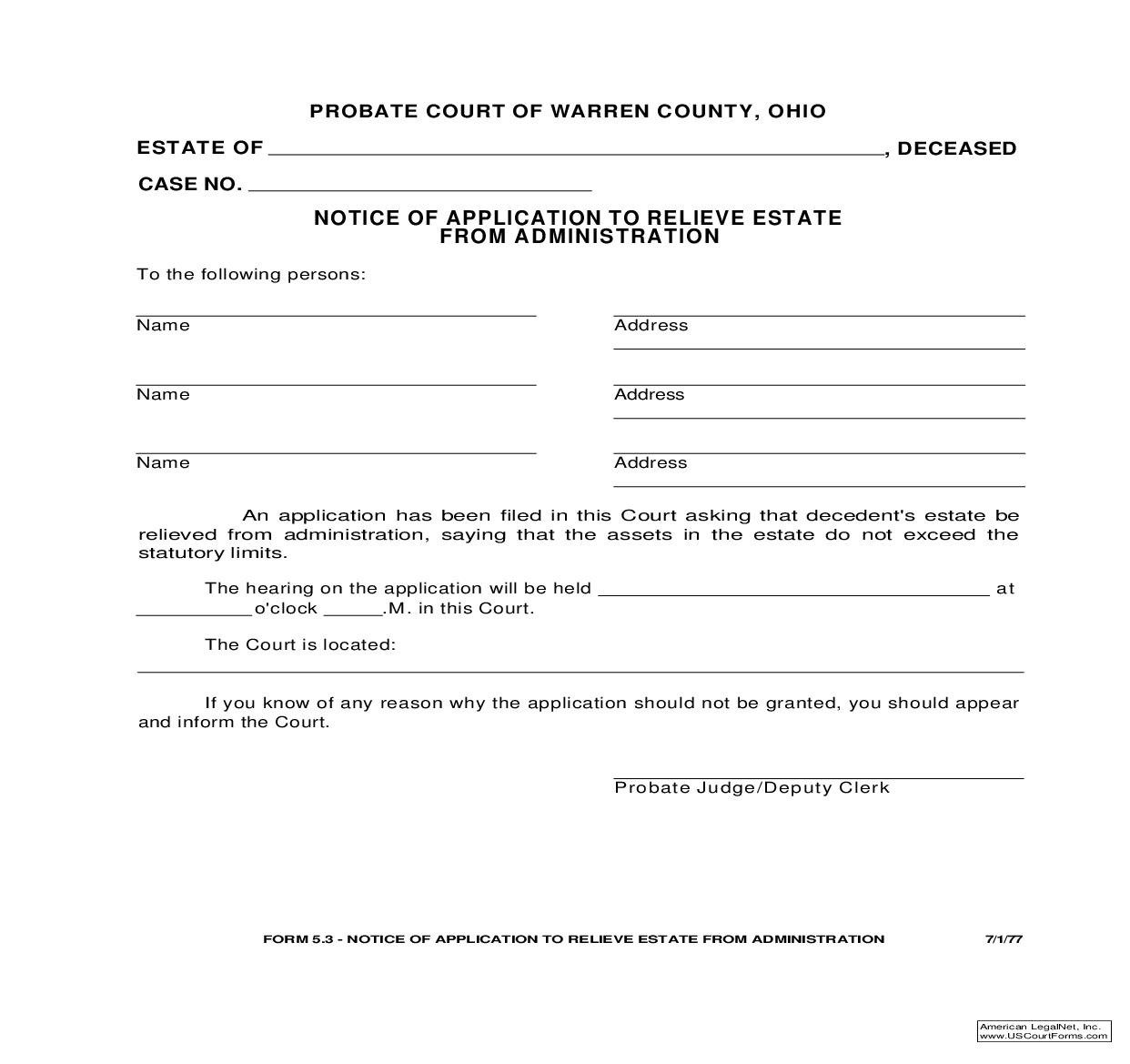 Notice Of Application To Relieve Estate From Administration {5.3} | Pdf Fpdf Doc Docx | Ohio