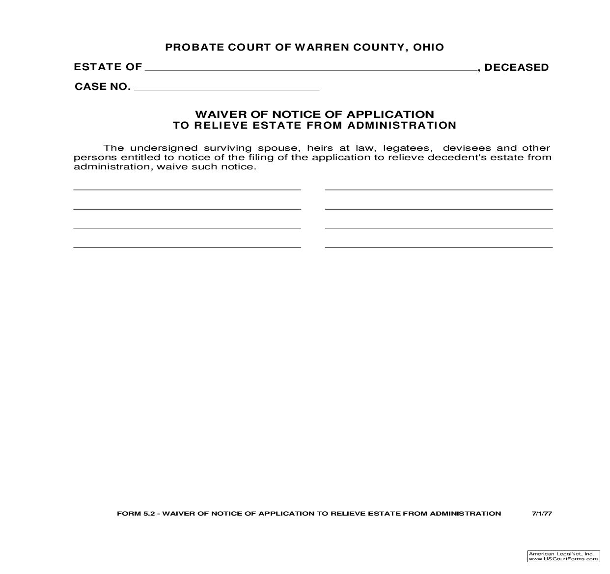 Waiver Of Notice Of Application To Relieve Estate  From Administration {5.2} | Pdf Fpdf Doc Docx | Ohio