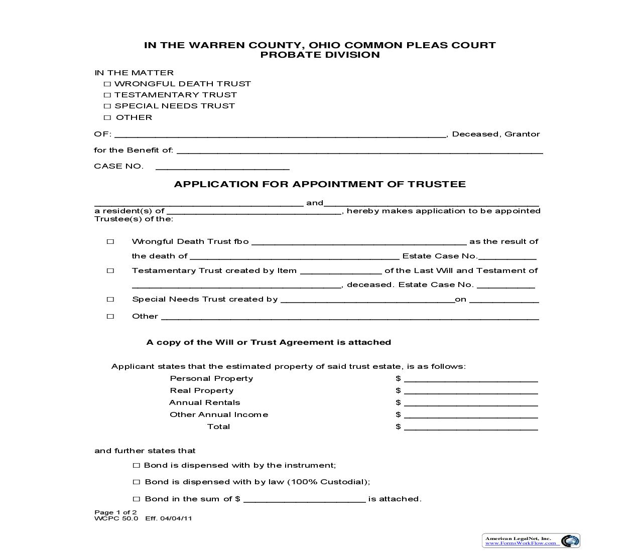 Application For Appointment Of Trustee {50.0} | Pdf Fpdf Doc Docx | Ohio