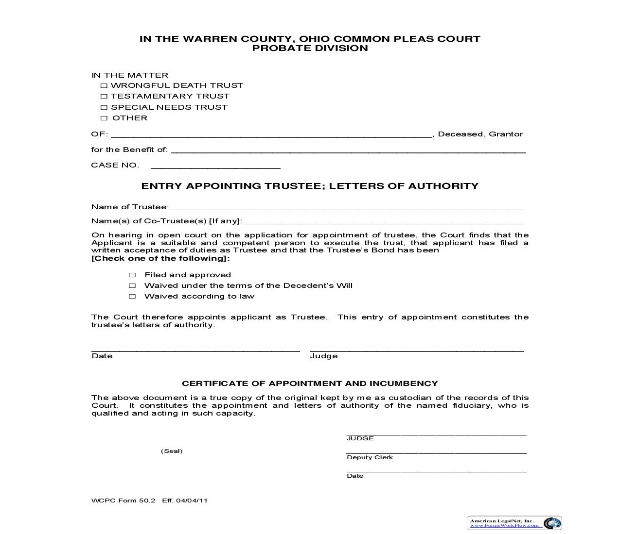 Entry Appointing Trustee Letters Of Authority {50.2} | Pdf Fpdf Doc Docx | Ohio