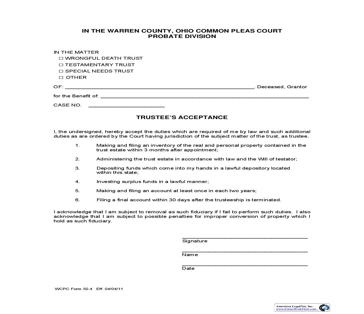 Trustees Acceptance {50.4} | Pdf Fpdf Doc Docx | Ohio