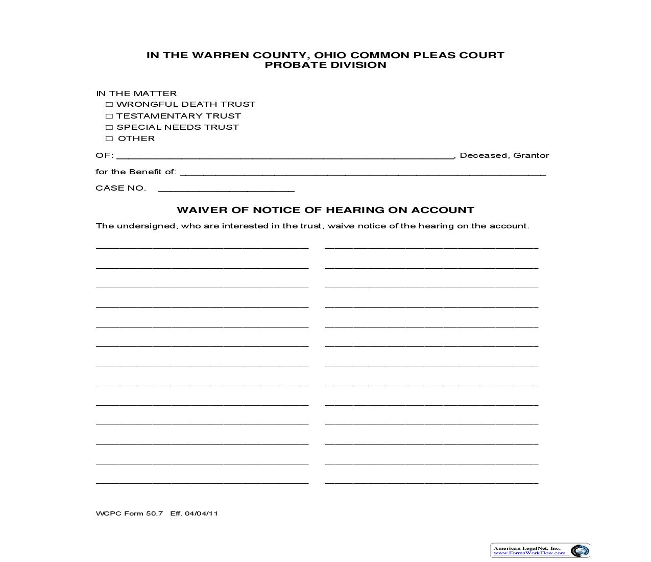 Waiver Of Notice Of Hearing On Account {50.7} | Pdf Fpdf Doc Docx | Ohio