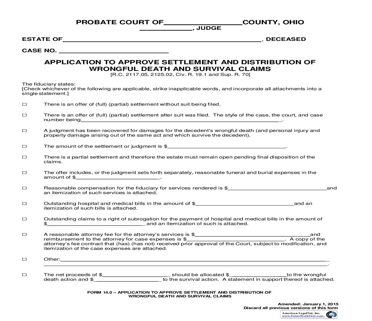 Application To Approve Settlement And Distribution Of Wrongful Death {14.0} | Pdf Fpdf Doc Docx | Ohio