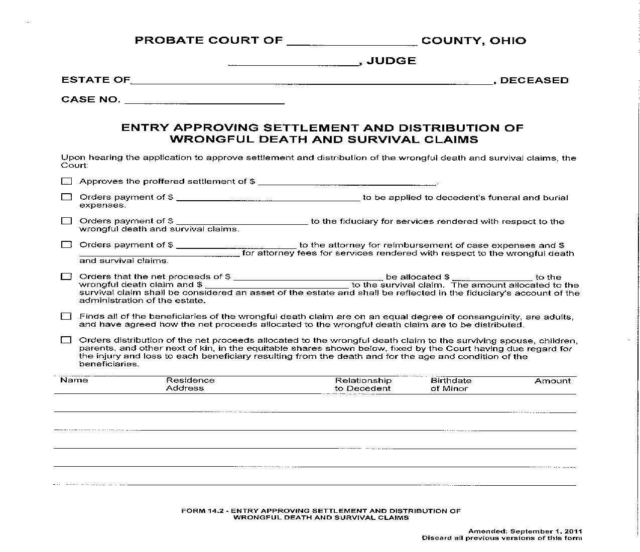 Entry Approving Settlement And Distribution Of Wrongful Death {14.2} | Pdf Fpdf Doc Docx | Ohio