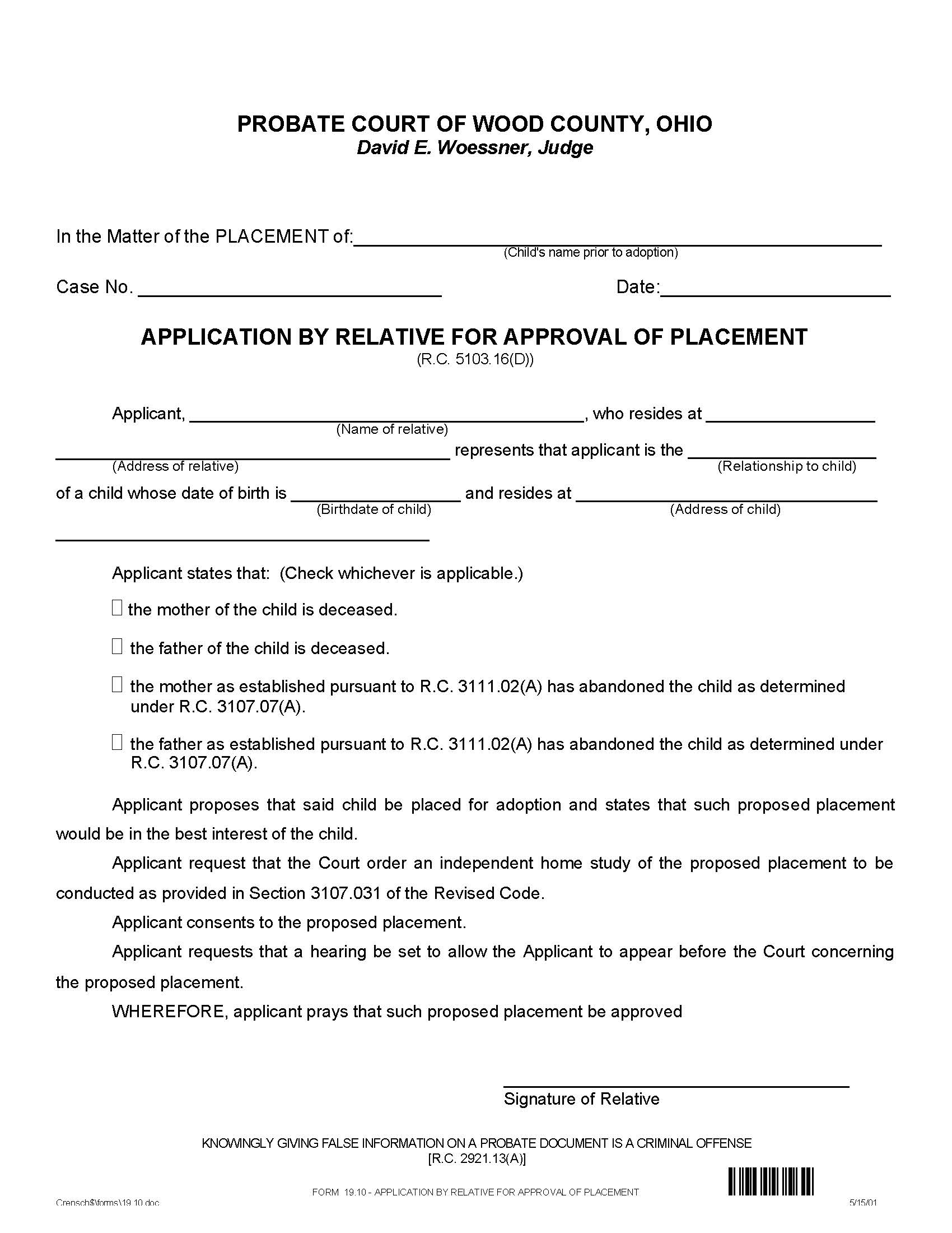 Application By Relative For Approval Of Placement {19.10} | Pdf Fpdf Doc Docx | Ohio