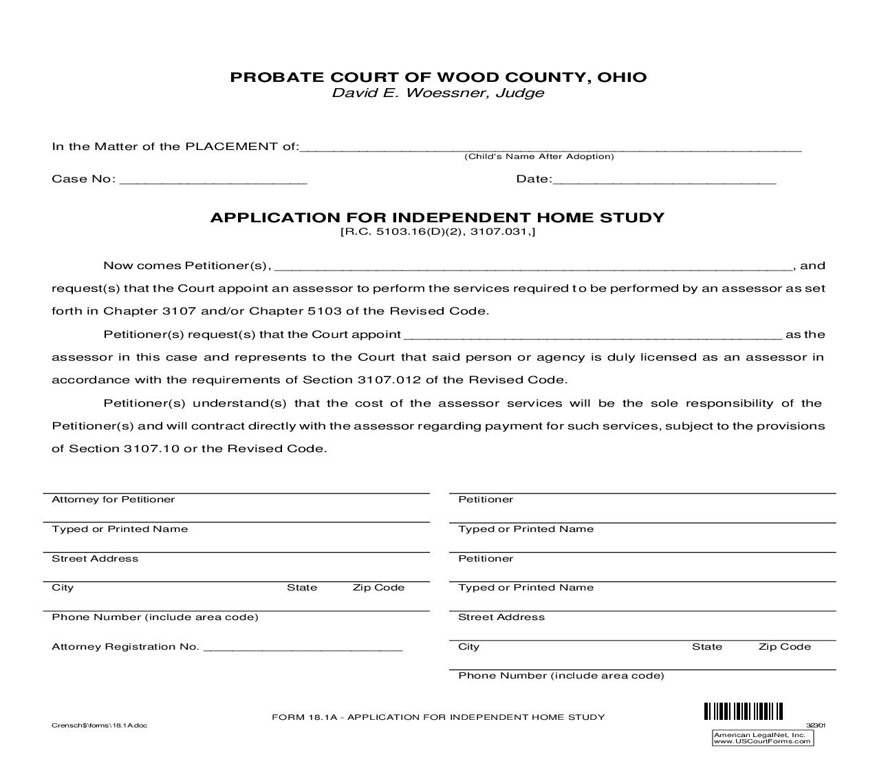 Application For Independent Home Study {18.1A} | Pdf Fpdf Doc Docx | Ohio