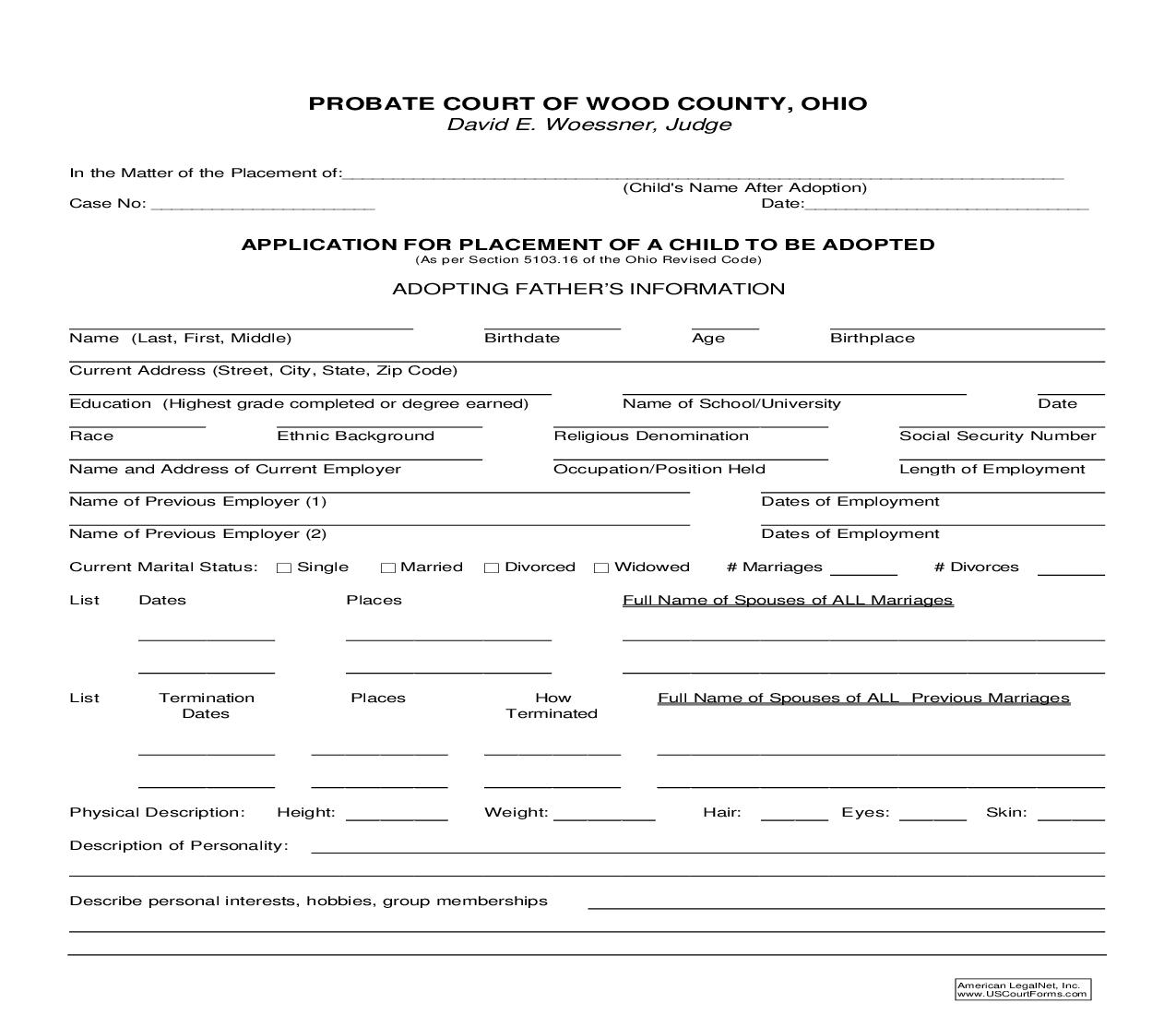 Application For Placement Of A Child To Be Adopted {19.4} | Pdf Fpdf Doc Docx | Ohio