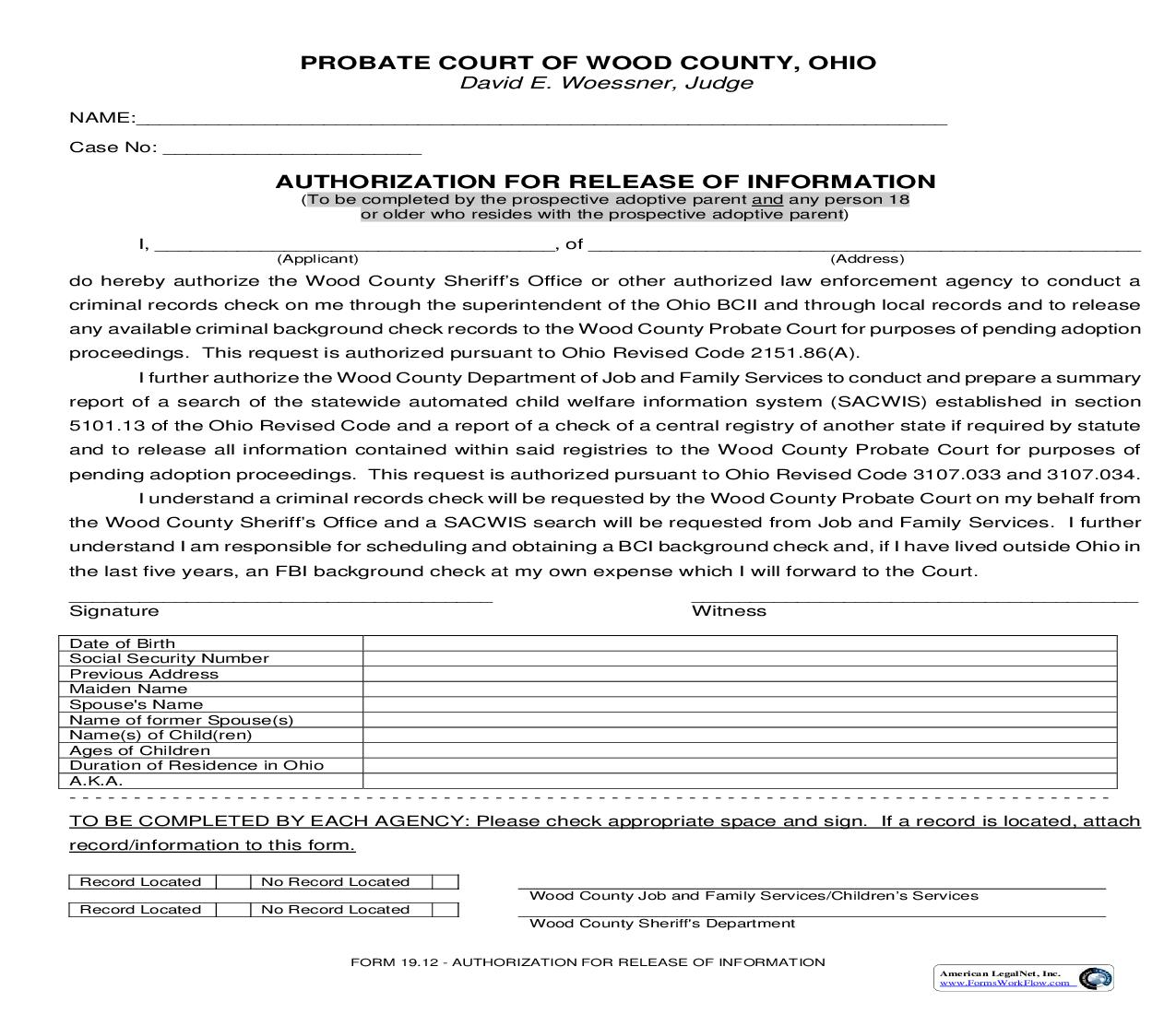 Authorization For Release Of Information {19.12} | Pdf Fpdf Doc Docx | Ohio