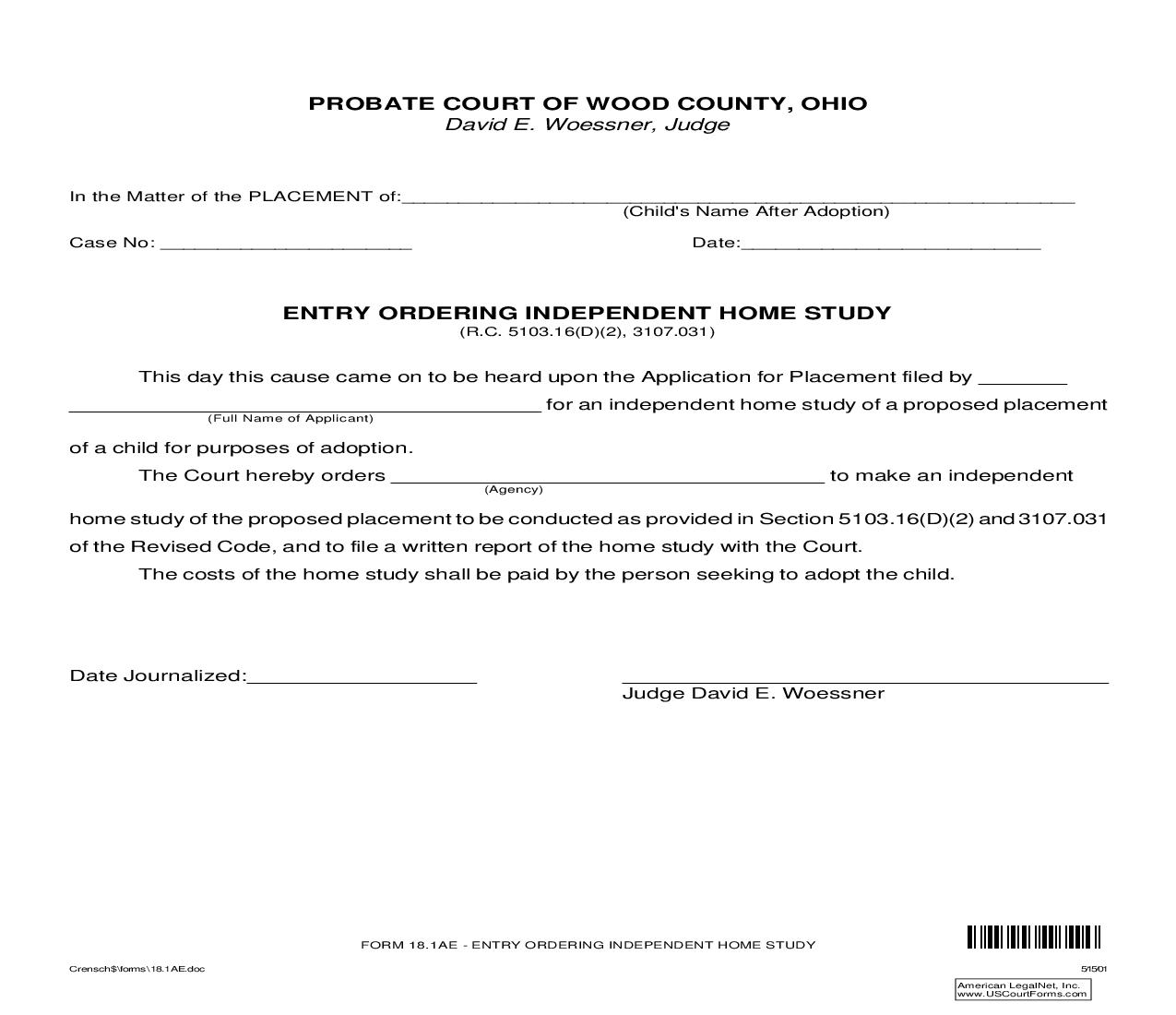 Entry Ordering Independent Home Study {18.1AE} | Pdf Fpdf Doc Docx | Ohio