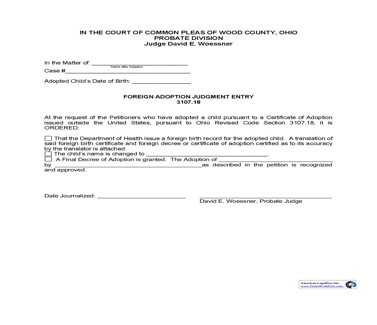 Foreign Adoption Judgement Entry {19.7E} | Pdf Fpdf Doc Docx | Ohio