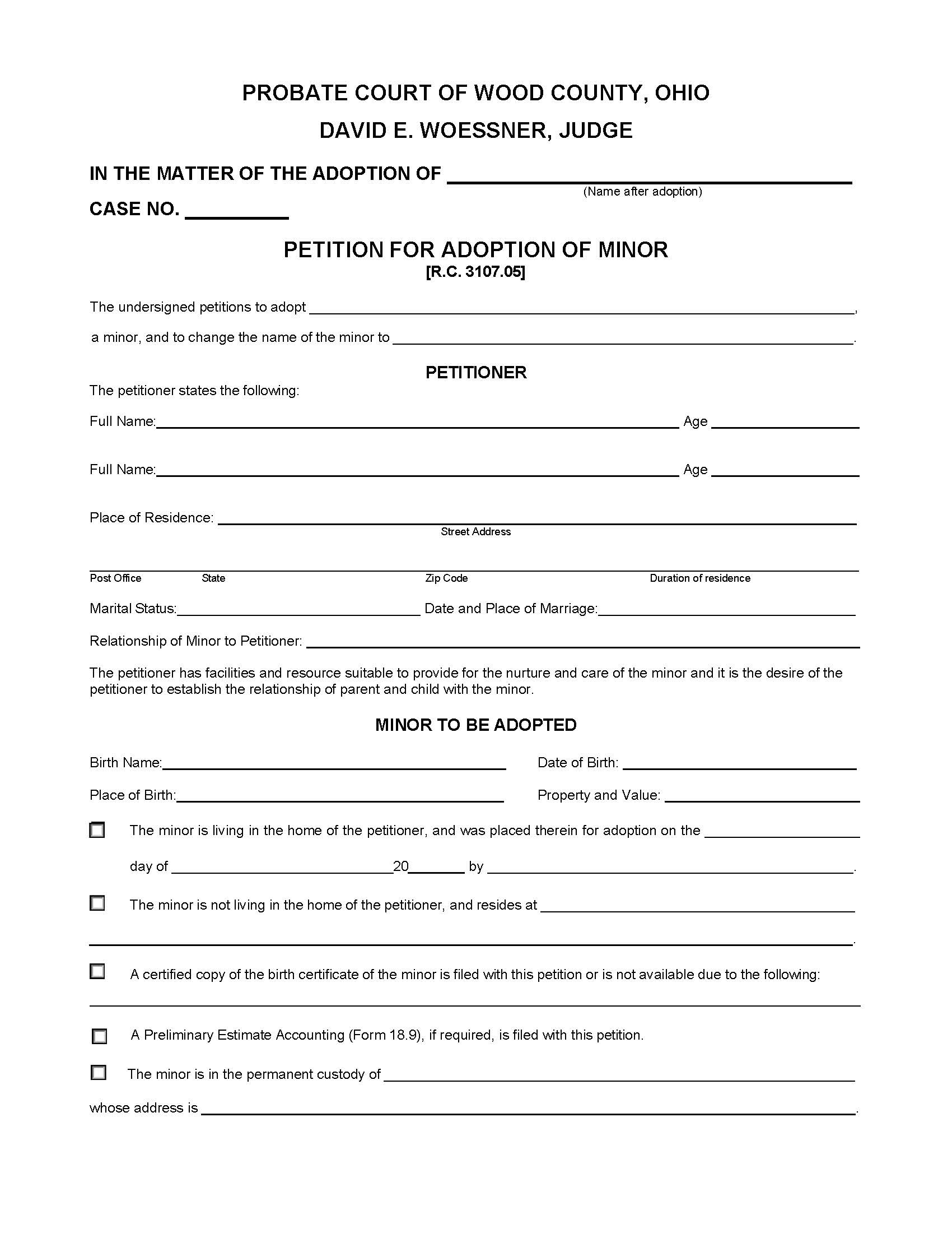 Petition For Adoption Of Minor {18.0} | Pdf Fpdf Docx | Ohio