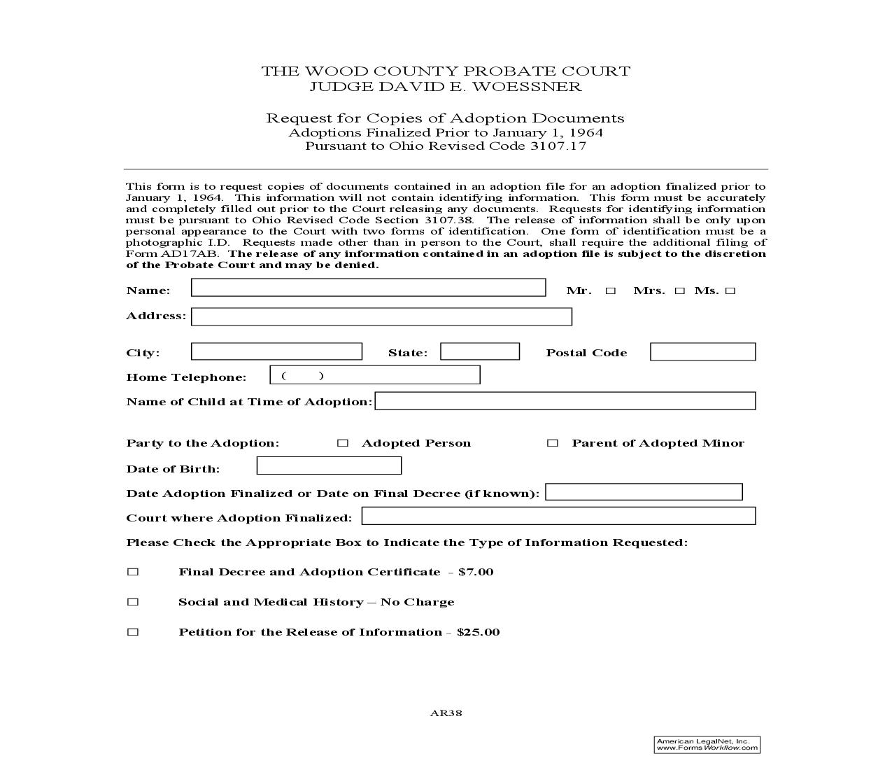 Request For Copies Of Adoption Documents {AR-38} | Pdf Fpdf Doc Docx | Ohio