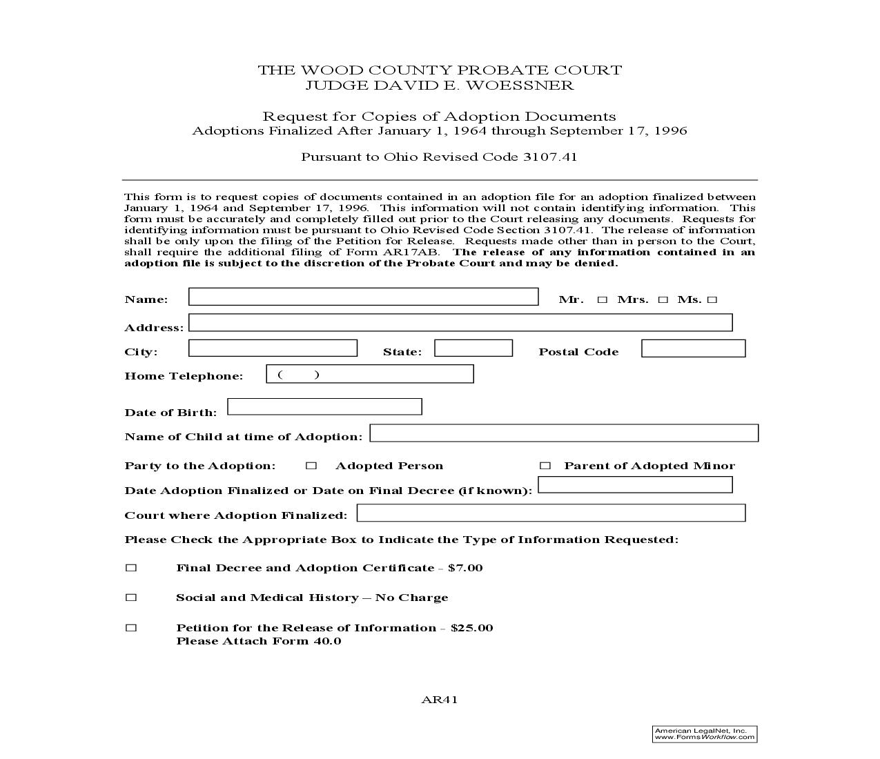 Request For Copies Of Adoption Documents {AR-41} | Pdf Fpdf Doc Docx | Ohio