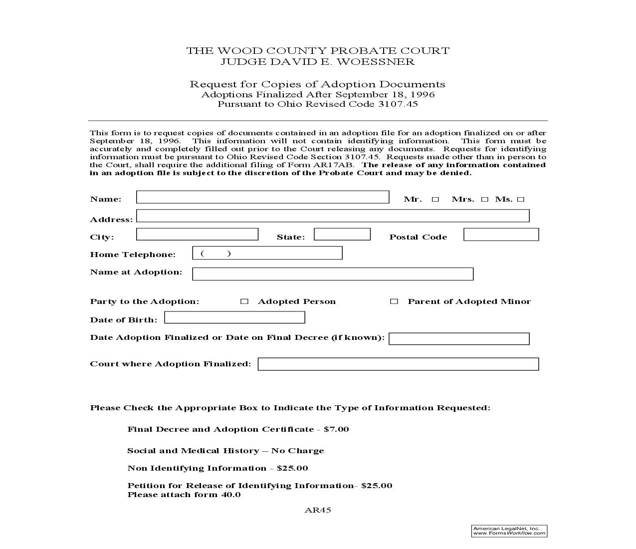 Request For Copies Of Adoption Documents {AR-45} | Pdf Fpdf Doc Docx | Ohio
