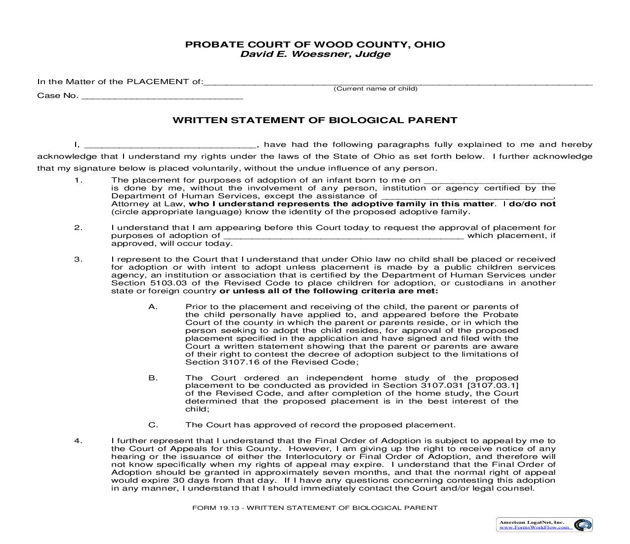 Written Statement Of Biological Parent {19.13} | Pdf Fpdf Doc Docx | Ohio