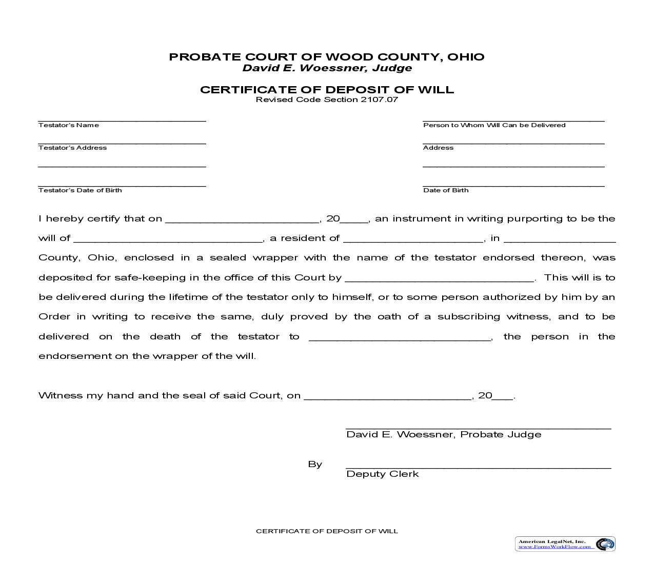 Certificate Of Deposit Of Will | Pdf Fpdf Doc Docx | Ohio