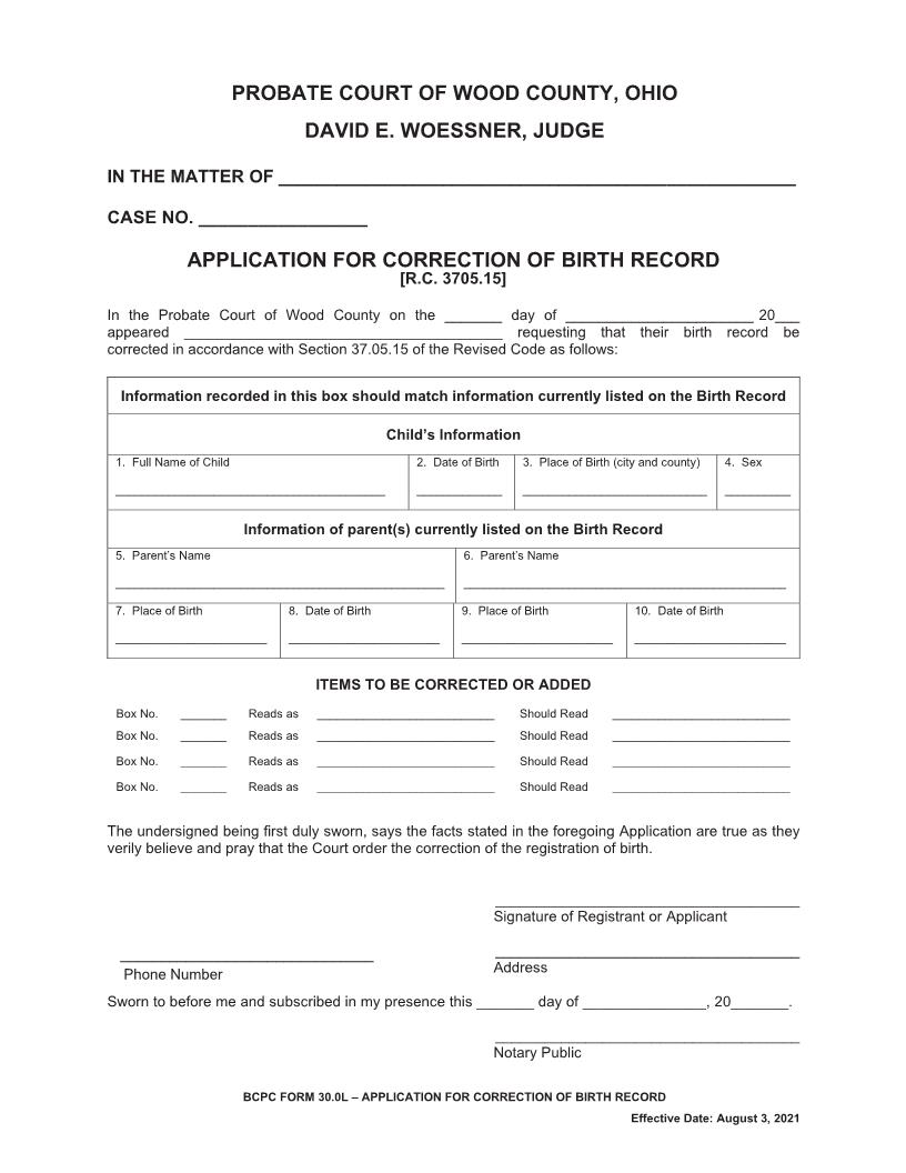 Application For Correction Of Birth Record | Pdf Fpdf Doc Docx | Ohio