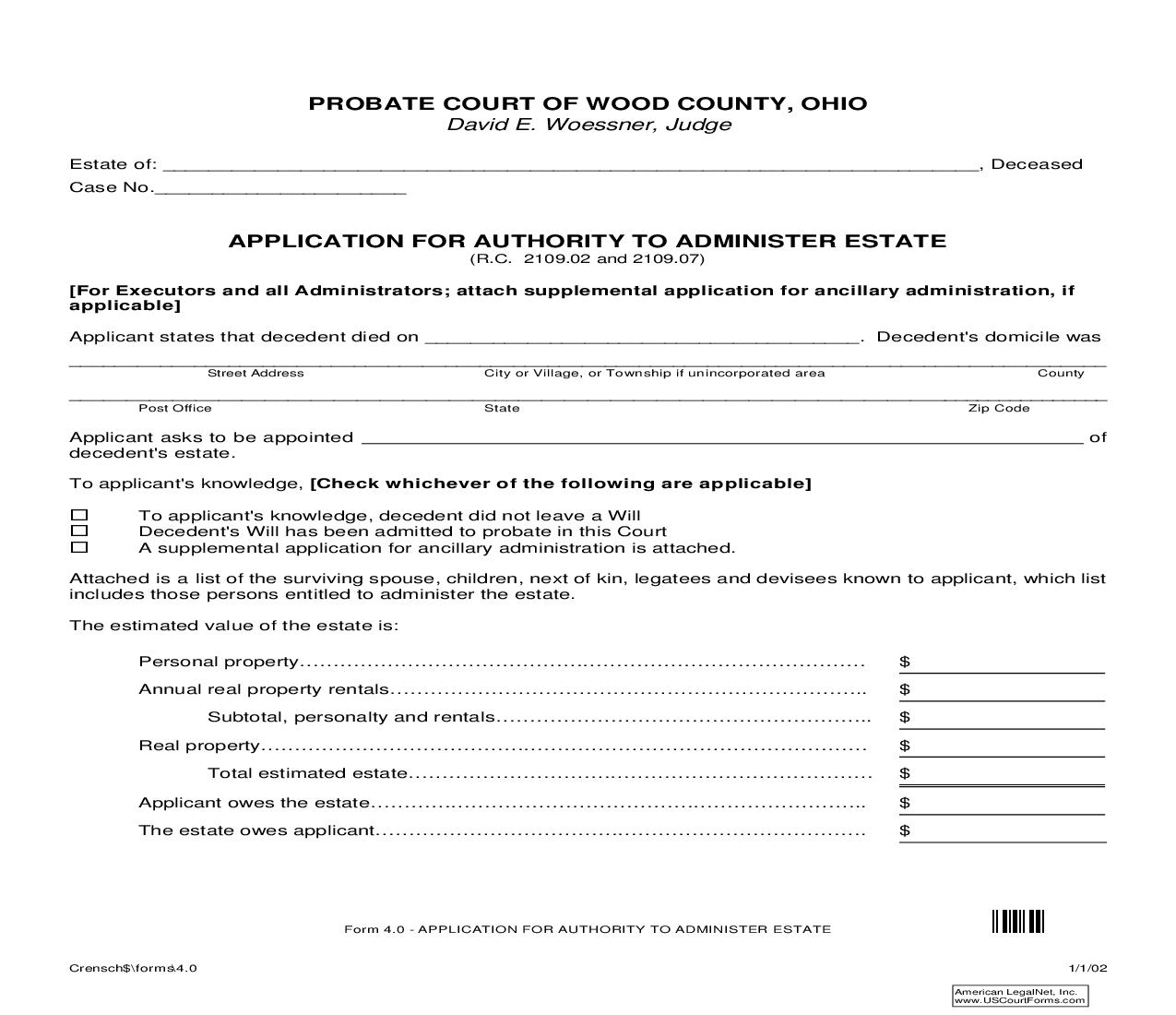 Application For Authority To Administer Estate {4.0} | Pdf Fpdf Doc Docx | Ohio
