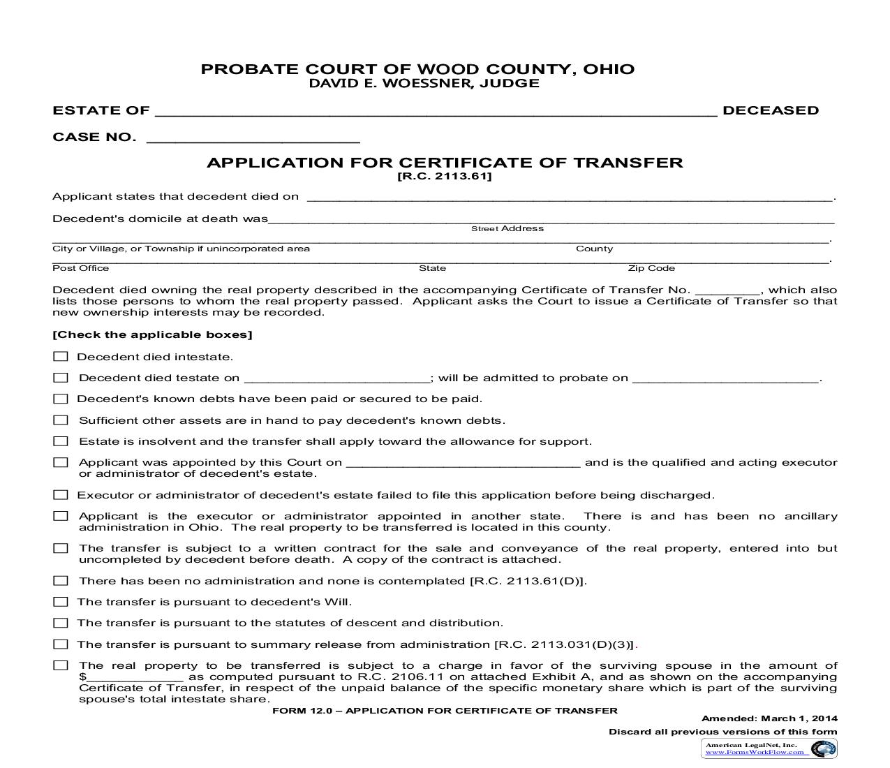 Application For Certificate Of Transfer {12.0} | Pdf Fpdf Doc Docx | Ohio