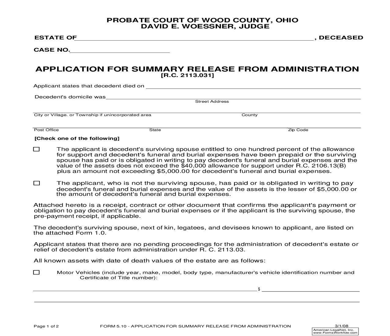 Application For Summary Release From Administration {5.10} | Pdf Fpdf Doc Docx | Ohio