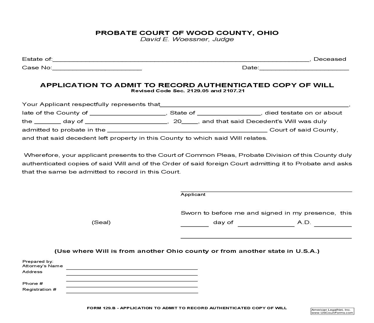 Application To Admit To Record Authenticated Copy Of Will {129.B} | Pdf Fpdf Doc Docx | Ohio