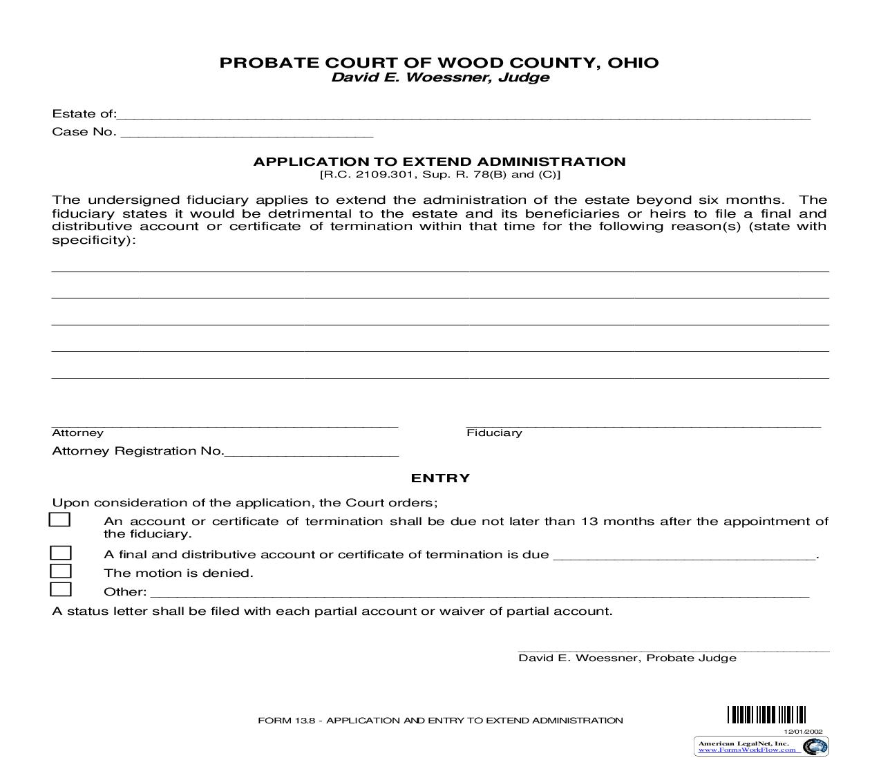 Application To Extend Administration {13.8} | Pdf Fpdf Doc Docx | Ohio