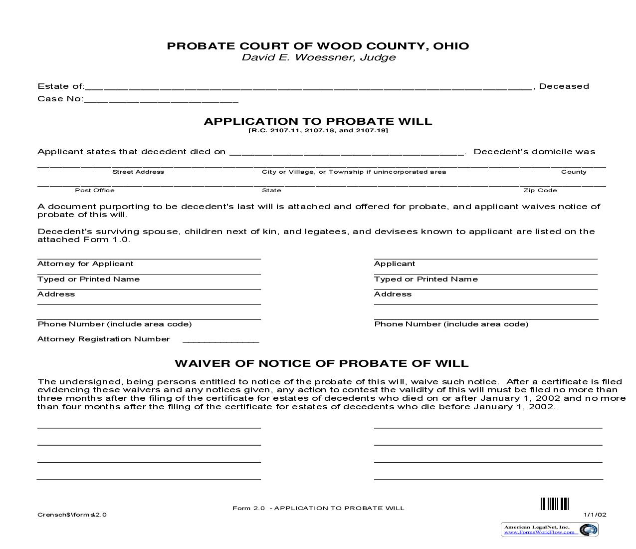 Application To Probate Will {2.0} | Pdf Fpdf Doc Docx | Ohio