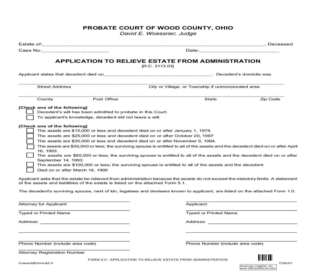 Application To Relieve Estate From Administration {5.0} | Pdf Fpdf Doc Docx | Ohio