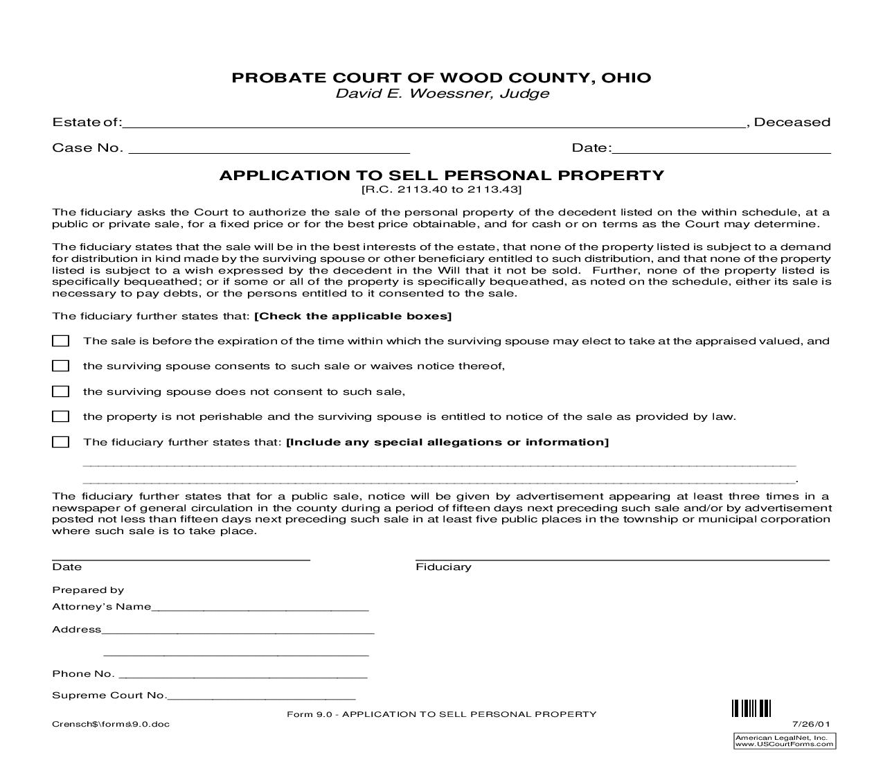 Application To Sell Personal Property {9.0} | Pdf Fpdf Doc Docx | Ohio
