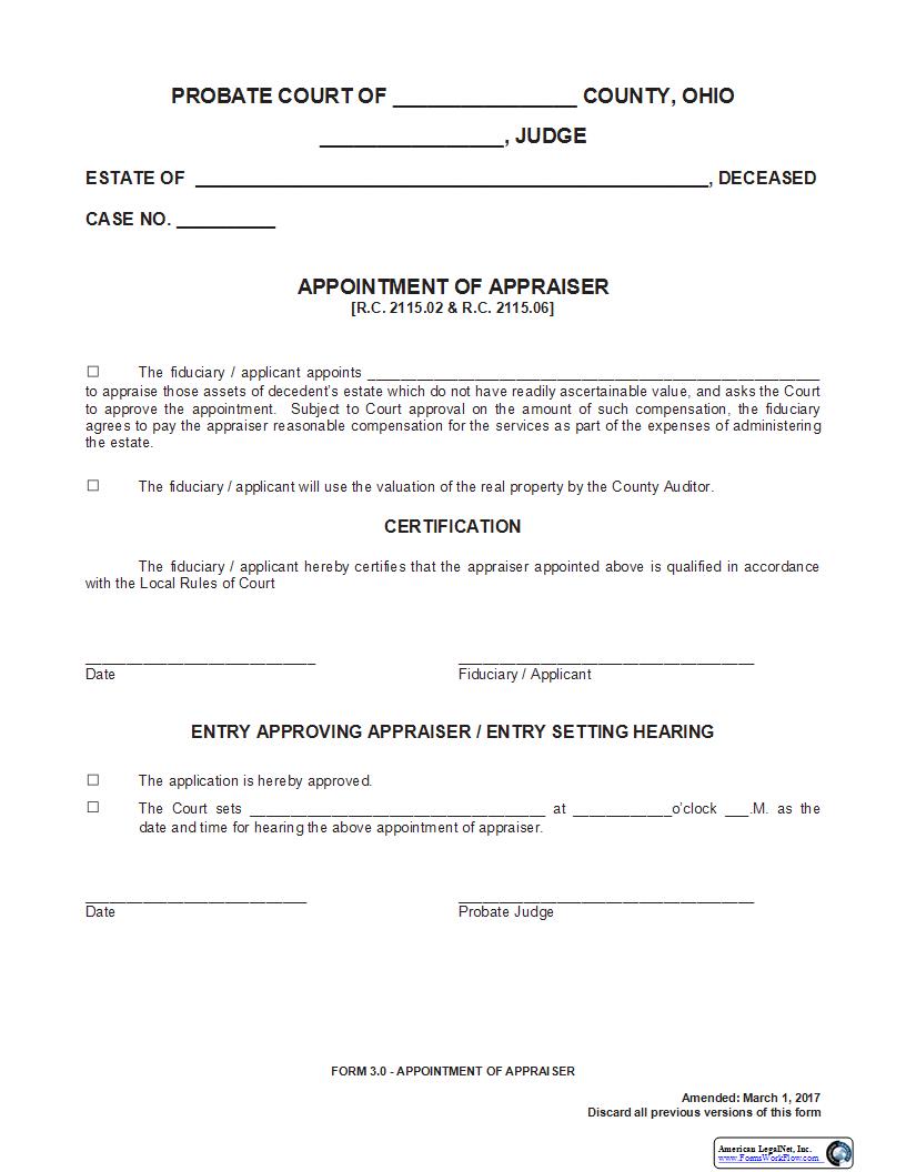 Appointment Of Appraiser {3.0} | Pdf Fpdf Docx | Ohio