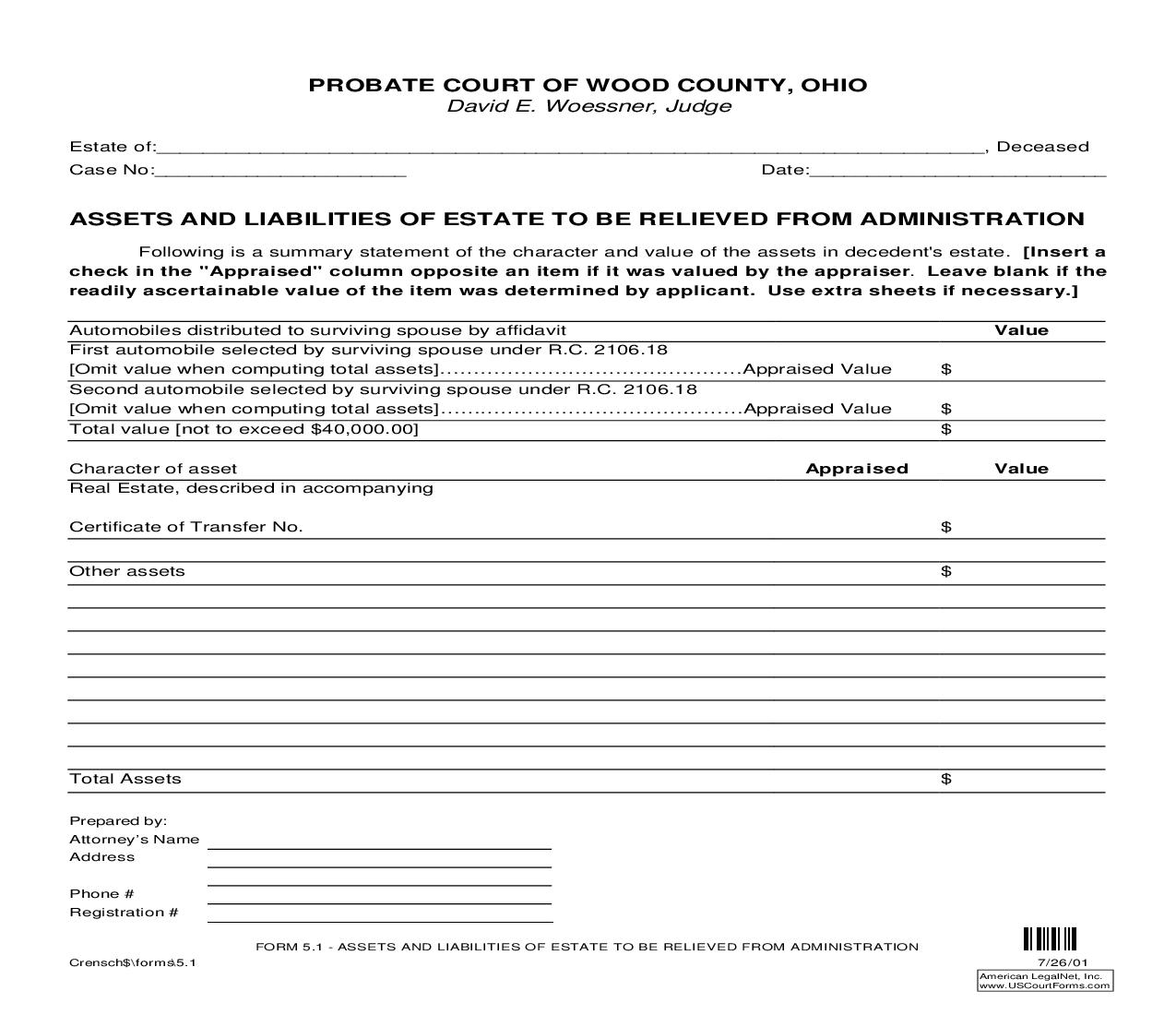 Assets And Liabilities Of Estate To Be Relieved From Adminsitration {5.1} | Pdf Fpdf Doc Docx | Ohio