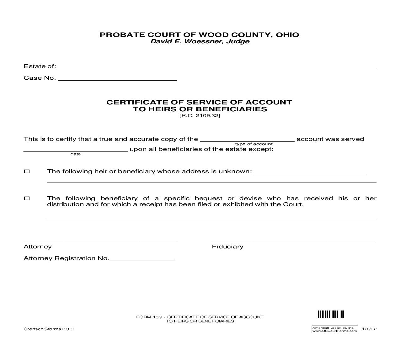Certificate Of Service Of Account To Heirs Or Beneficiaries {13.9} | Pdf Fpdf Doc Docx | Ohio