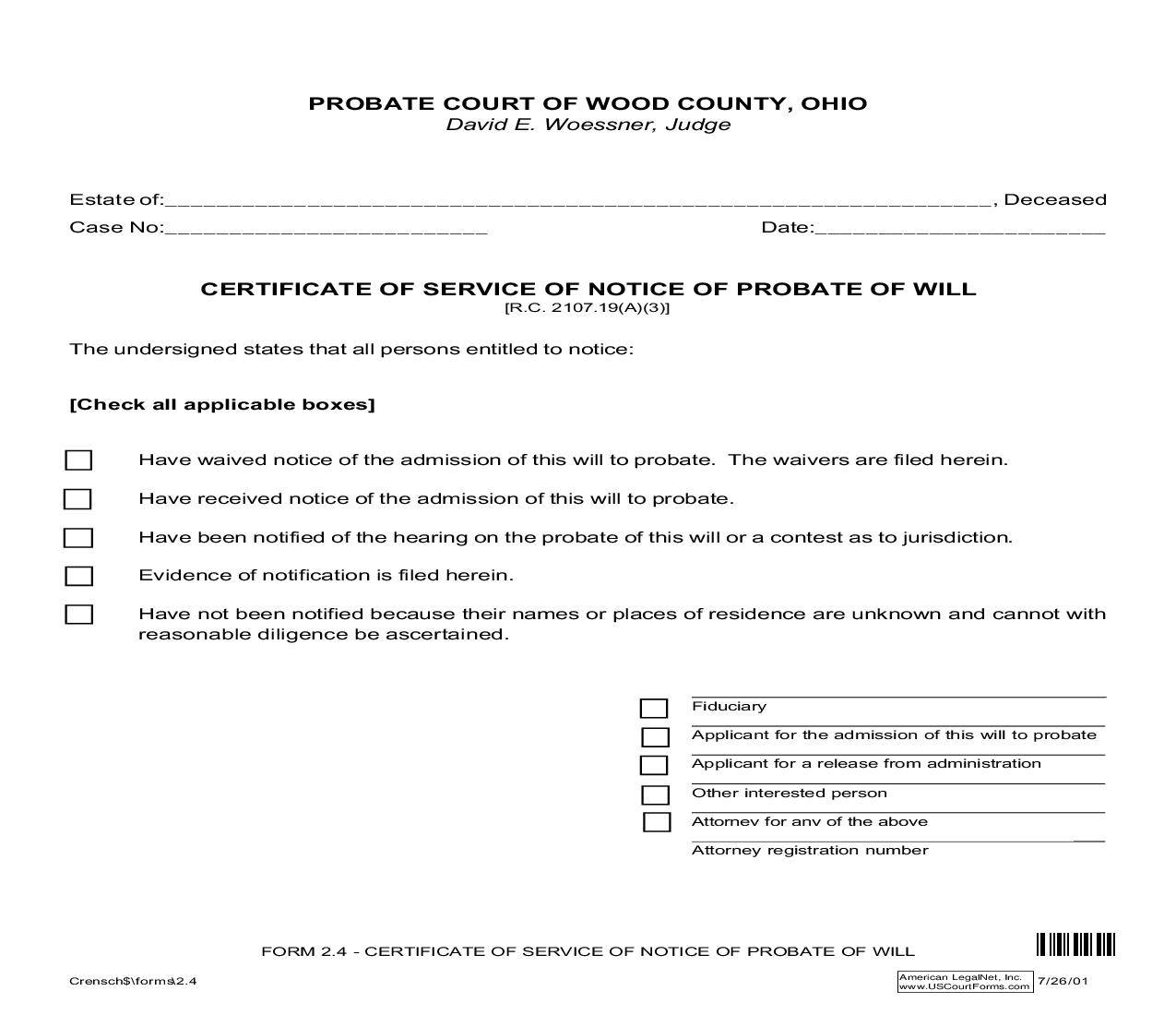 Certificate Of Service Of Notice Of Probate Of Will {2.4} | Pdf Fpdf Doc Docx | Ohio