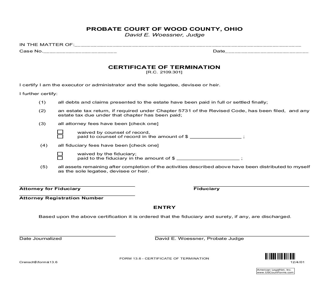 Certificate Of Termination {13.6} | Pdf Fpdf Doc Docx | Ohio