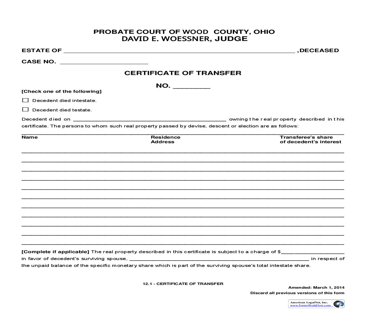 Certificate Of Transfer {12.1} | Pdf Fpdf Doc Docx | Ohio