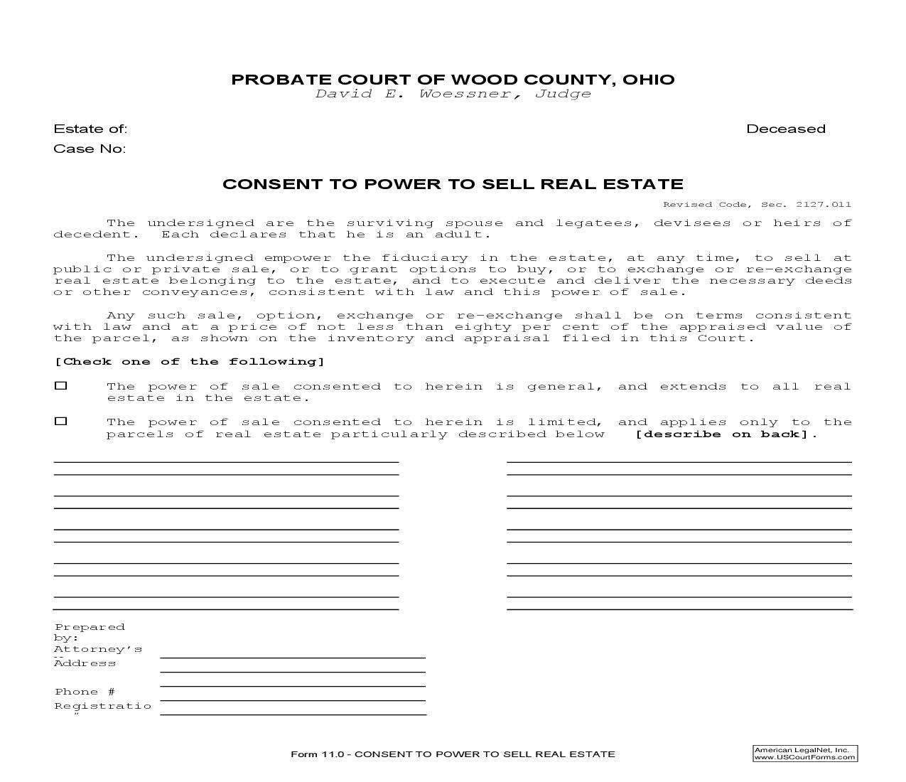 Consent To Power To Sell Real Estate {11.0} | Pdf Fpdf Doc Docx | Ohio
