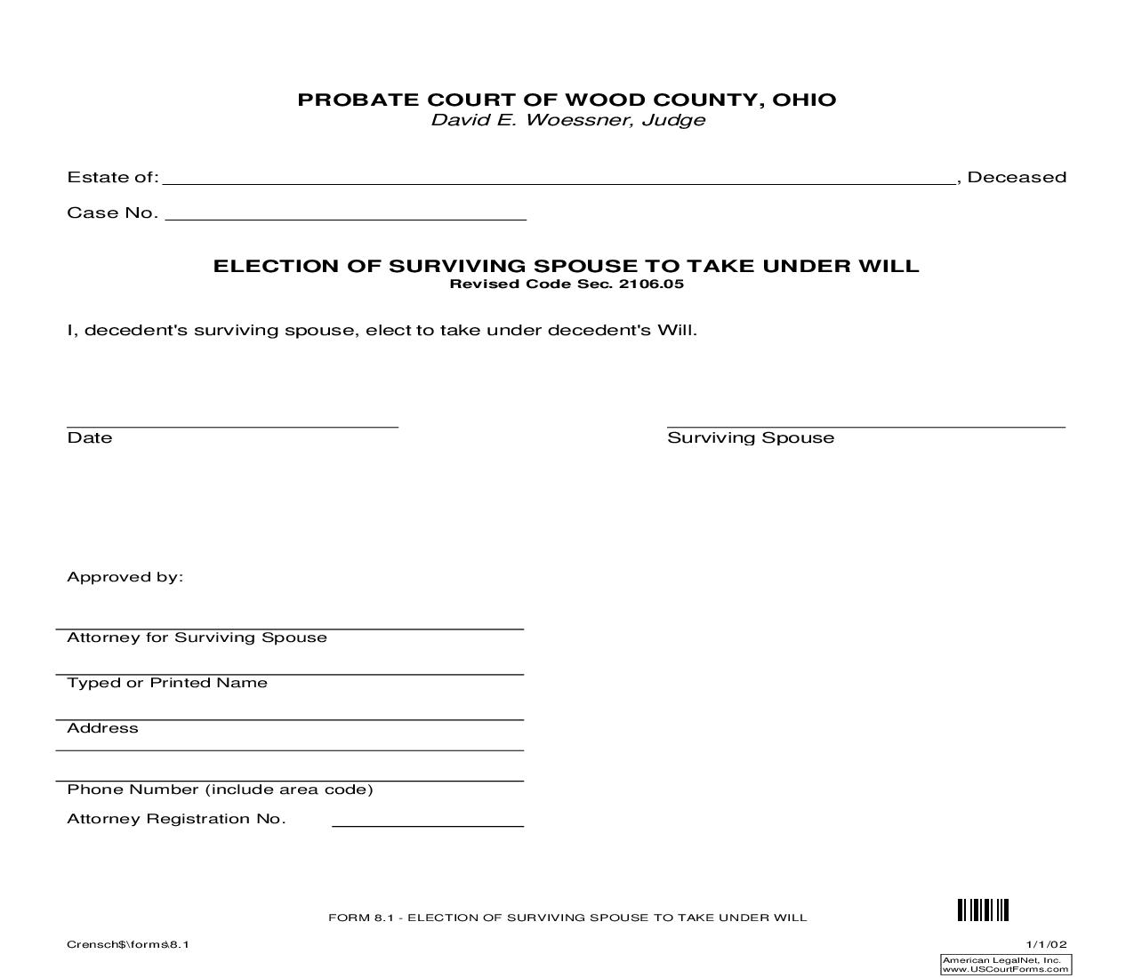 Election Of Surviving Spouse To Take Under Will {8.1} | Pdf Fpdf Doc Docx | Ohio