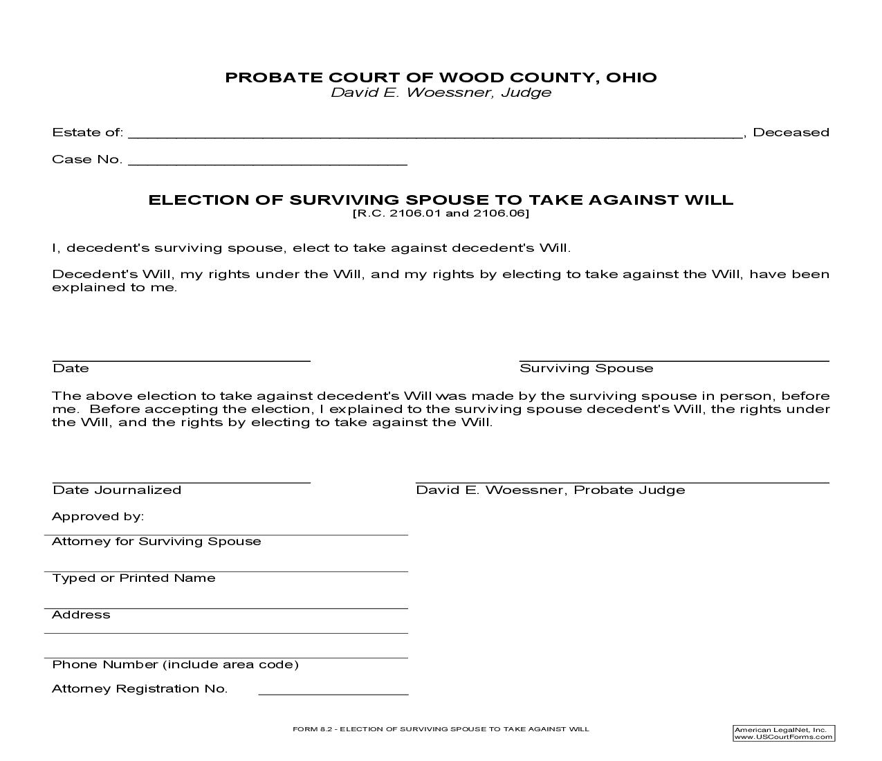 Election Of Survivng Spouse To Take Against Will {8.2} | Pdf Fpdf Doc Docx | Ohio