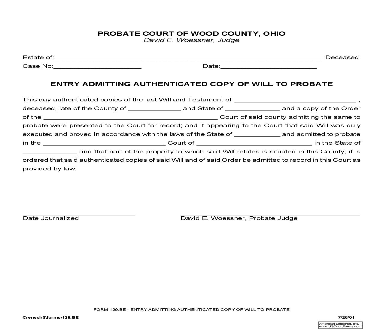 Entry Admitting Authenticated Copy Of Will To Probate {129.BE} | Pdf Fpdf Doc Docx | Ohio