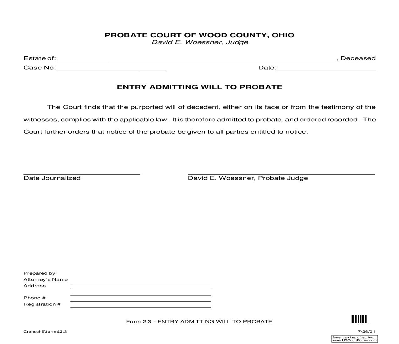 Entry Admitting Will To Probate {2.3} | Pdf Fpdf Doc Docx | Ohio