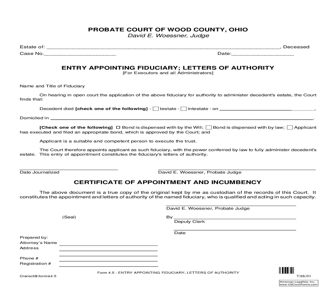 Entry Appointing Fiduciary Letters Of Authority {4.5} | Pdf Fpdf Doc Docx | Ohio